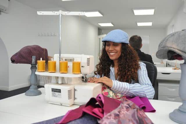 Rhian Kempadoo-Millar, owner and creative director of Kempadoo Millar Headwear, working at the Creative Business Hub for Leeds launched by Leeds Beckett University and  AW Hainsworth to provide a dynamic and supportive co-working environment for new and growing creative, fashion and textile companies.
