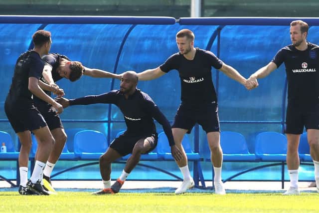 BE PREPARED: England's Trent Alexander-Arnold, Dele Alli, Fabian Delph, Eric Dier and Harry Kane during Friday's training session at the Spartak Zelenogorsk Stadium. Picture: Owen Humphreys/PA