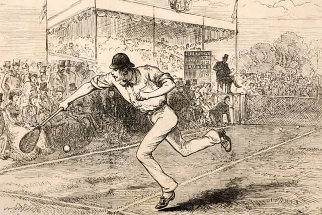 A vintage illustration of John Hartley in action at the Wimbledon tennis championship which he won for the second time, published in London on 24th July 1880.  (Photo by Popperfoto/Getty Images)