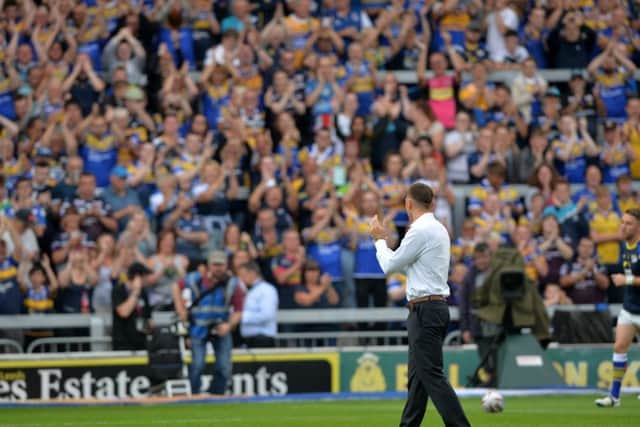 WELCOME HOME: Kevin Sinfield applauds Headingley's South Stand ahead of 
Leeds Rhinos' Friday night clash with Wakefield Trinty.  Picture Bruce Rollinson