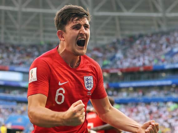 Sheffield's Harry Maguire celebrates his goal against Sweden in the quarter-final.