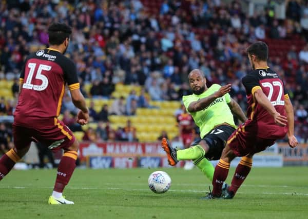 David McGoldrick of Sheffield United shoots during the pre-season friendly with Bradford City. Picture: James Wilson/Sportimage