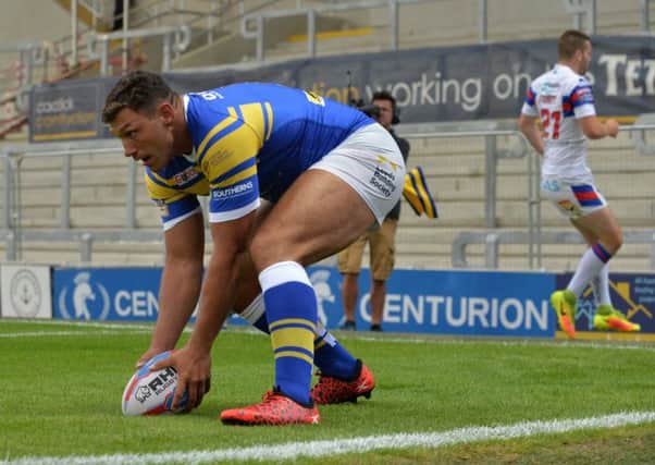 Ryan Hall crosses the line for the rhinos first try.
Leeds Rhinos v Wakefield Trinty.   BetFred SuperLeague.  
13 July 2018.  Picture Bruce Rollinson
