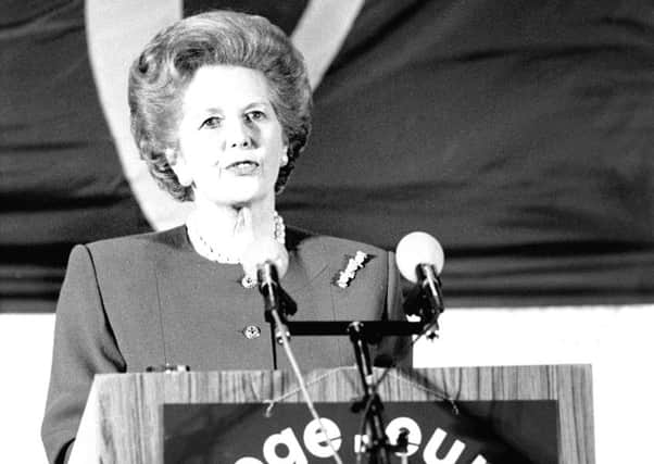 Margaret Thatcher giving her speech to an international audience at the College of Europe in the Belgian town of Bruges.