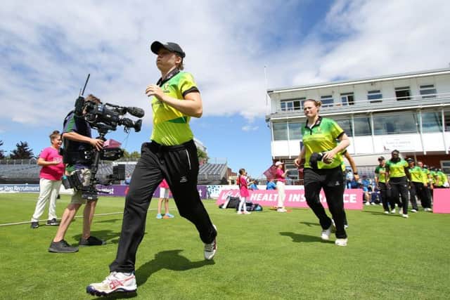 Western Storm Captain Heather Knight leads her team out at Taunton. Picture: Mark Kerton/PA