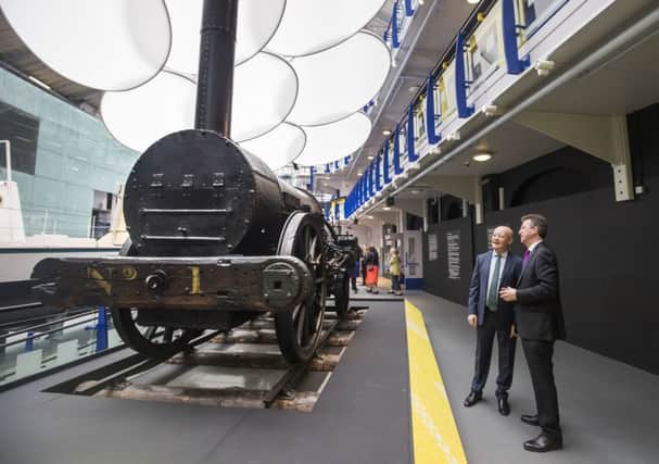 Jeremy Wright (right) and Director of the Science Museum Group  Ian Blatchford (left) at the Discovery Museum Newcastle to see Stephenson's Rocket ahead of the locomotive visiting Manchester before a long-term move to the National Railway Museum in York.