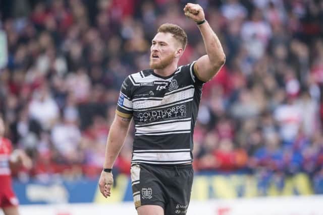 Hull FC's Scott Taylor celebrates to the fans after his side's victory over Hull KR. (Picture: SWPix.com)