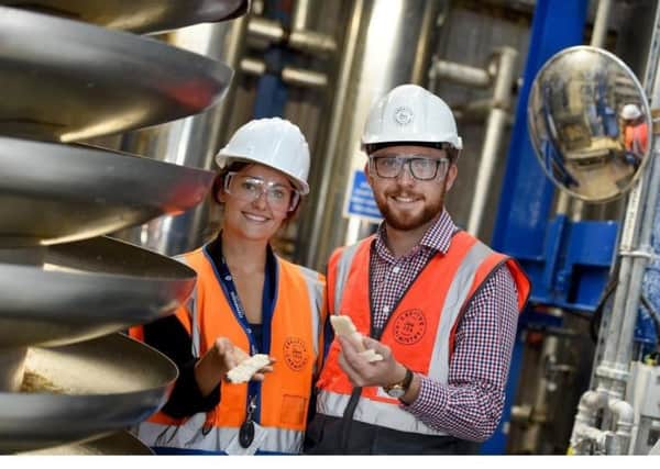 Lucy Buckingham with James Clews, of Stephenson Group, at the group's manufacturing plant in Horsforth, Leeds.