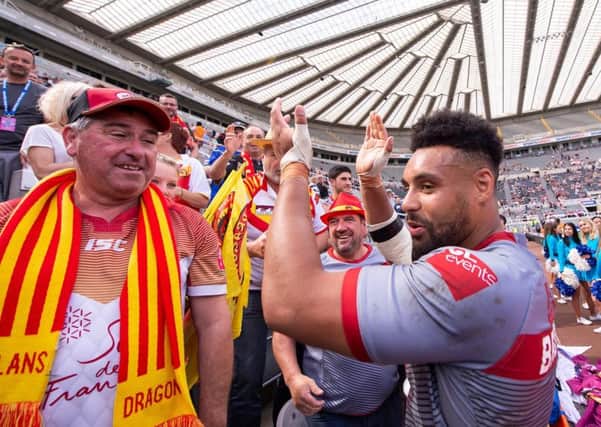 Catalans' Jodie Broughton thanks the fans for their support at Magic Weekend.