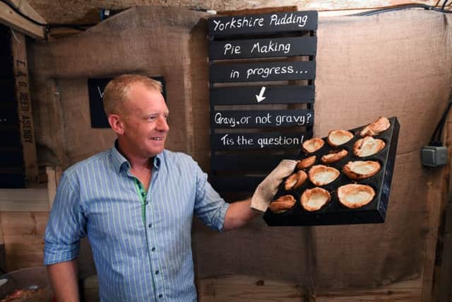 Former builder Edward Harrison who came up with the idea for a pie made of Yorkshire Pudding after cooking Sunday lunch one day and has now opened theYorkshire Pudding Pie Company at the Rose Theatre Village in York.