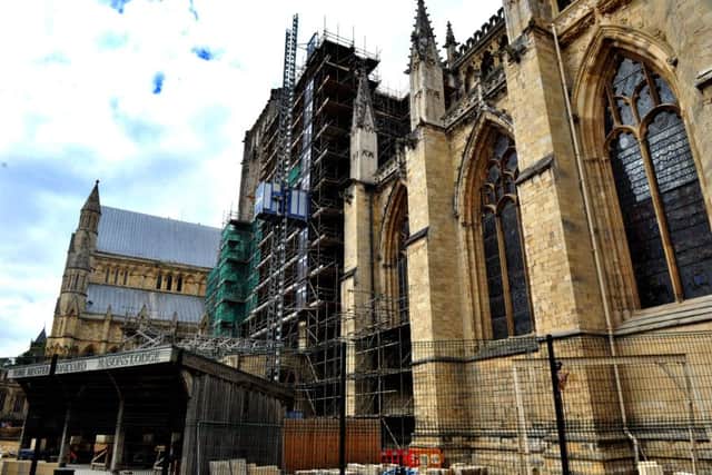 York Minster showing the scaffold clad South Quire Aisle