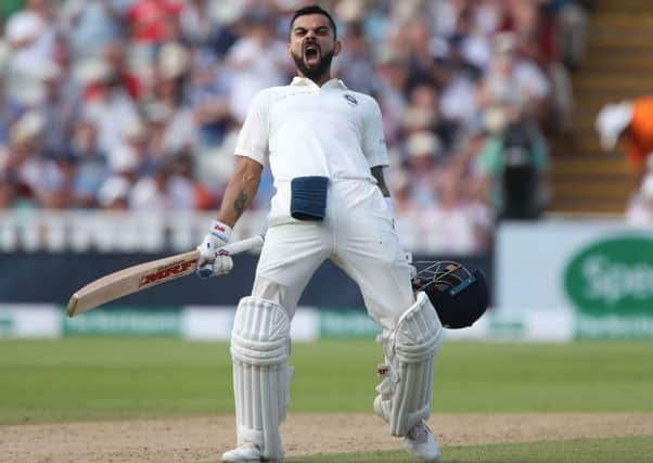 India captain Virat Kohli celebrates reaching a century during day two of the First Test against England at Edgbaston (Picture: Nick Potts/PA Wire).