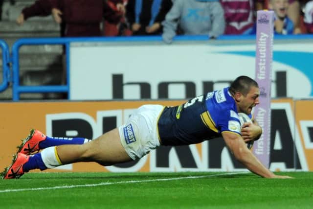 That try: 
Ryan Hall scores the try that earned Leeds Rhinos the League Leaders' Shield in 2015.