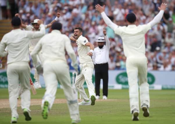 England's James Anderson celebrates taking wicket of India batsman Ravichandran Ashwin at Edgbaston. Picture: Nick Potts/PA