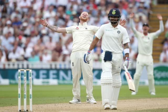 England bowler Ben Stokes shows his frustration after a LBW appeal is turned down by the umpire as India batsman Virat Kohli looks on at Edgbaston. Picture: Nick Potts/PA