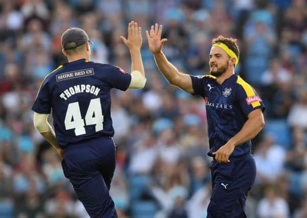 Yorkshire's Jack Brooks celebrates taking the wicket of Northants' Richard Levi Picture by Anna Gowthorpe/SWpix.com