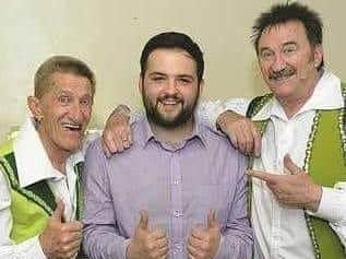 Our reporter Joe Cawthorn with the Chuckle Brothers. Barry Chuckle, left, Paul Chuckle, right