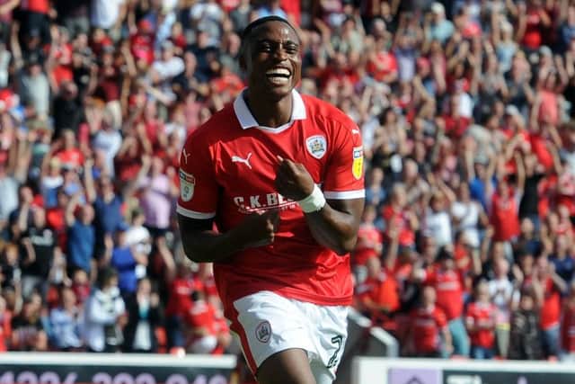 Goal joy:  Victor Adeboyejo celebrates scoring Barnsley's fourth goal.  Picture: Tony Johnson