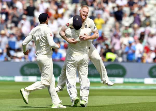 Ben Stokes leaps into the arms of Jonny Bairstow after dismissing Hardik Pandya to seal Englands first Test win over India at Edgbaston (Picture: Anthony Devlin/PA Wire).