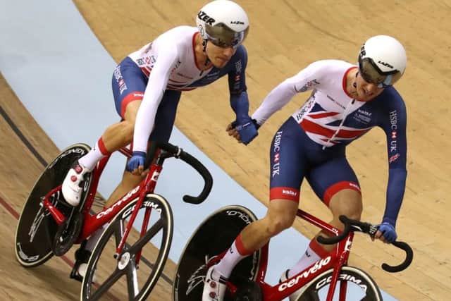 Great Britain bronze medallists Ethan Hayter (left) and Oliver Wood during the Madison Men Final