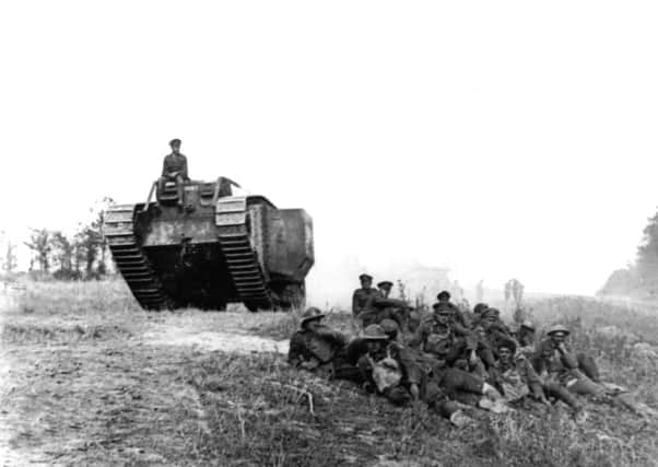 British tanks going into action between Amiens and Bonchoir in 1918.