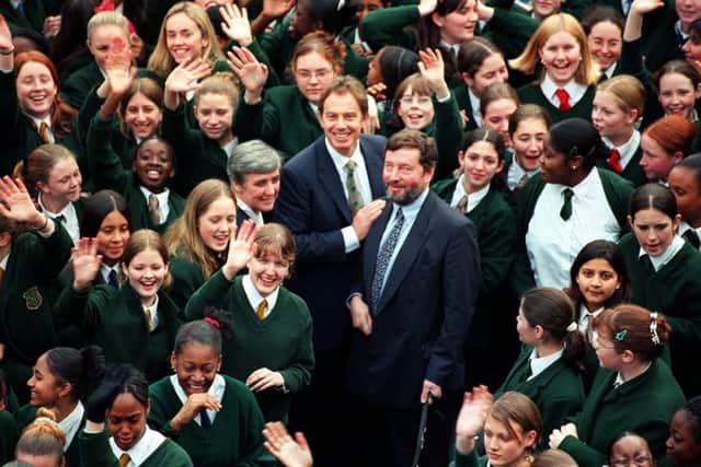 Tony Blair and David Blunkett during a school visit in 1999. The former Prime Miniter coined the phrase 'education, education, education'.