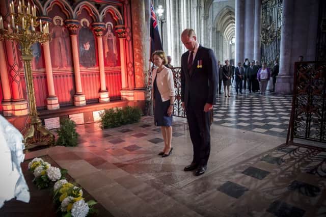The Duke of Cambridge and Florence Parly, France's Minister to the Armed Forces, laying wreaths in the Chapel of the Allies at Amiens Cathedral
