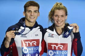 Great Britain's Ross Haslam and Grace Reid (silver) on the podium for the Mixed Sychronised 3m Springboard during day seven of the 2018 European Championships at Royal Commonwealth Pool Edinburgh. (Pictures: PA)