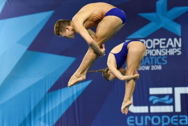 Great Britain's Ross Haslam and Grace Reid's final dive in the Synchronised 3m Springboard Mixed Final.