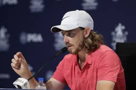 Tommy Fleetwood, of England, responds to a question during a news conference at the PGA Championship golf tournament at Bellerive Country Club (AP Photo/Darron Cummings)