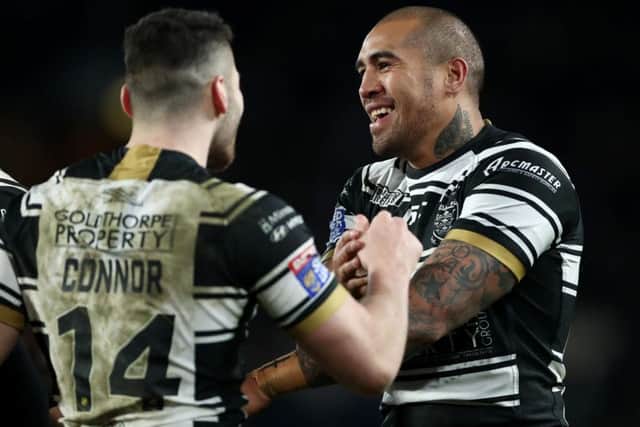 Hull FC's Fetuli Talanoa celebrates scoring a try with team-mate Jake Connor during the Betfred Super League match at the KCOM Stadium, Hull. (Picture: Tim Goode/PA Wire)