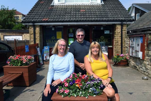 Darrington village is getting older. Pictured outside the village store, from left, Carole Morrell, Andy Tagger and Gail  Jenkins. 24th July 2018. Picture Jonathan Gawthorpe
