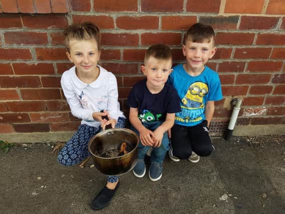 Laura Jubb's children, Stella, eight, JJ, seven, and Daniel, five, with the blackened pan of eggs.