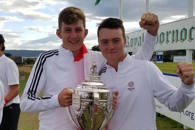 Barclay Brown, left, and Joe Pagdin with the Boys' Home Internationals trophy.