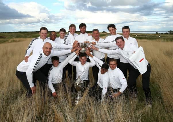 England celebrate with the Boys' Home Internationals trophy (Picture: The R&A/Getty Images).