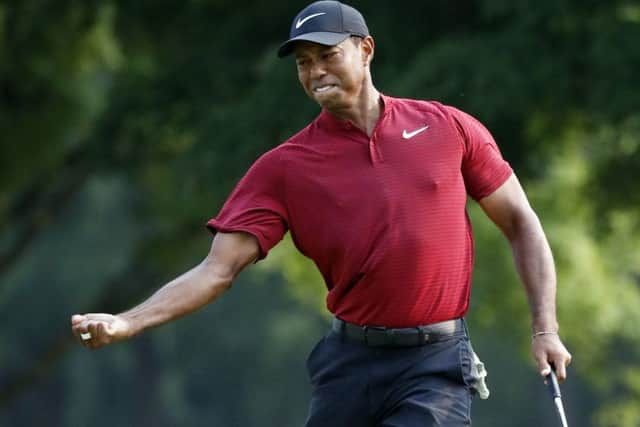 Tiger Woods celebrates after making a birdie putt on the 18th green during the final round of the PGA Championship golf tournament at Bellerive Country Club. (AP Photo/Brynn Anderson)