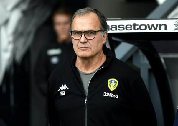Leeds United head coach Marcelo Bielsa pictured during his side's win at Pride Park.
