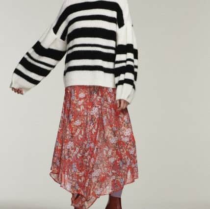 Oversized striped knit and floral hankerchief hem dress, both coming to Debenhams.