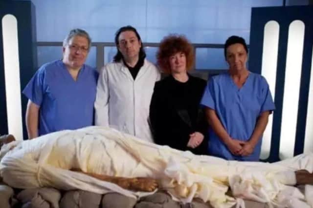 The Channel 4 documentary Mummifying Alan Egypt's Last Secret with left to right Prof Peter Vanezis, Dr Stephen Buckley, Dr Joann Fletcher and Maxine Coe