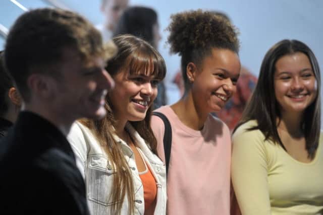 16 August  2018......     Students at Roundhay School, Leeds receive their  A'Level results. Picture Tony Johnson.