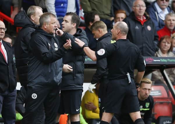 Chris Wilder manager of Sheffield United is sent to the stands by the referee Scott Duncan during the Championship match against Norwich City last season (Picture: Simon Bellis/Sportimage)