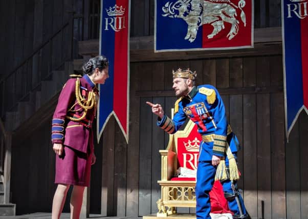Shanaya Rafaat (L) as the Duke of Buckingham and Dyfan Dwyfor as Richard III. (Ant Robling).