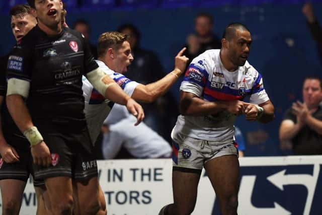 Wakefield Trinity v St Helens.
Wakefield's Bill Tupou celebrates scoring his side's third try.
16th August 2018.