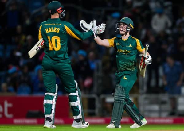 Notts' Tom Moores and Alex Hales celebrate the win against Yorkshire (Picture: Alex Whitehead/SWPix.com)