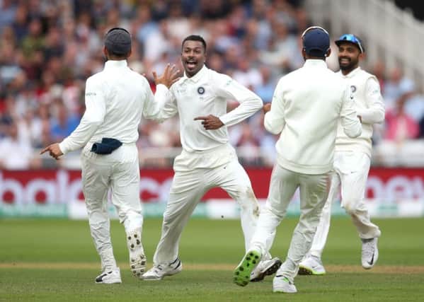Indias Hardik Pandya celebrates tacking the wicket of Englands Chris Woakes during the second day of the third Test at Trent Bridge (Picture: Tim Goode/PA WIre).