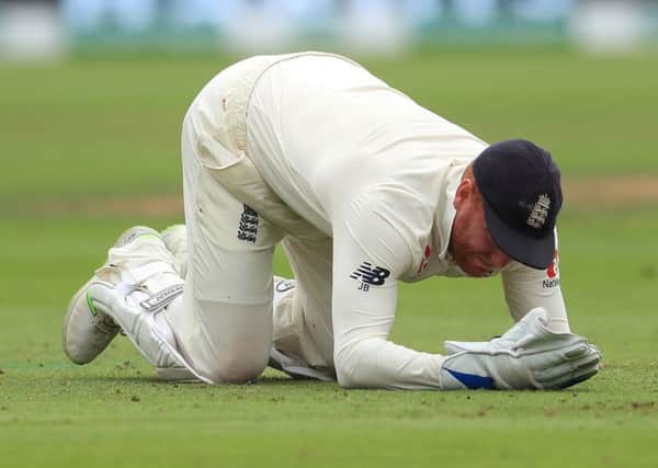 England wicketkeeper Jonny Bairstow winces after fracturing a finger against India at Trent Bridge on Monday (Picture: Mike Egerton/PA Wire).