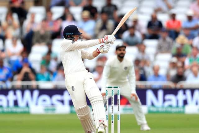England captain Joe Root pulls the ball down to long leg during England's second innings at Trent Bridge. Picture: Mike Egerton/PA.