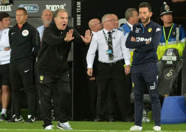 NOW HEAR THIS! Leeds United boss Marcelo Bielsa gets his point across at the Liberty Stadium.  Picture: Bruce Rollinson