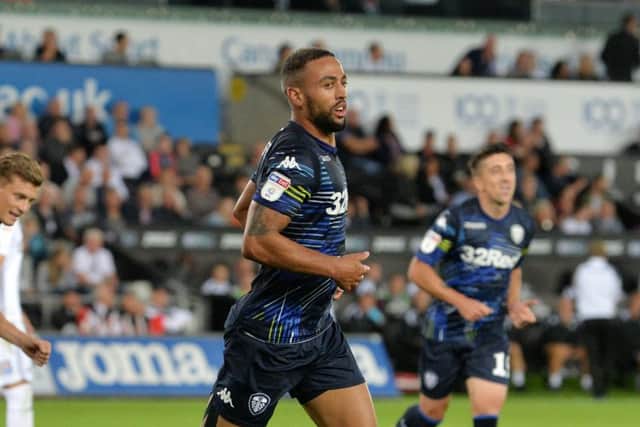 Kemar Roofe celebrates his equaliser for Leeds at Swansea.  Picture: Bruce Rollinson