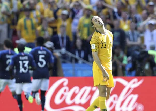 Australia's Jackson Irvine reacts after France score their second goal during the World Cup Group C match at Russia 2018. Picture: AP/David Vincent
